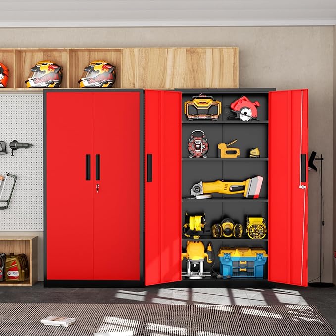 INTERGRAET 63" Tall Pantry Cabinet,Kitchen Pantry Storage Cabinets with 2 Doors and 4 Shelves,Black Red Metal Storage Cabinet,Cupboard for Home,Kitchen,Living Room/Dining