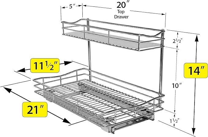 LYNK PROFESSIONAL짰 Pull Out Under Sink Kitchen Cabinet Organizer - 11.5 in. x 21 inch deep Drawer - Sliding Shelf Organizer for Cabinets and Undersink Storage Shelves - Lifetime Ltd. Warranty ??Chrome