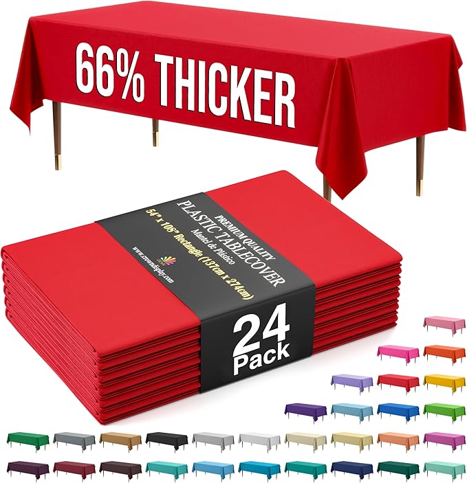 Exquisite 66% Thicker Premium Plastic Table Cloth Rectangle Table Cover 0.5 Mil 24 Pack Red Table Cloth 54 Inch x 108 Inch Disposable Tablecloth Won't Tear Easily Like Cheap Thin Brands