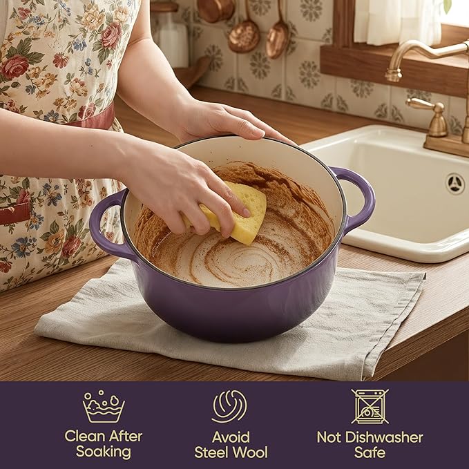 Vintage Style 4.5 Quart Dutch Oven Pot with Lid, Non Stick Enameled Cast Iron Dutch Oven for Bread Baking, Heavy-Duty, Oven Safe Ceramic Cookware Up to 500째F for Baking, Braising, Stews, Roasting, Purple