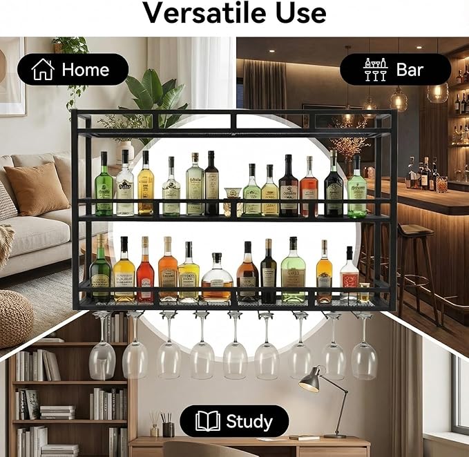 Wall Mounted Wine Racks 3 Tier, Bar Shelves Wall Mounted with Wine Glass Holder, Black Bar Shelves for Liquor Bottles, Wall Bar Cabinet for Home Bar, Kitchen, Dining Room(59 * 9.8 * 35in)