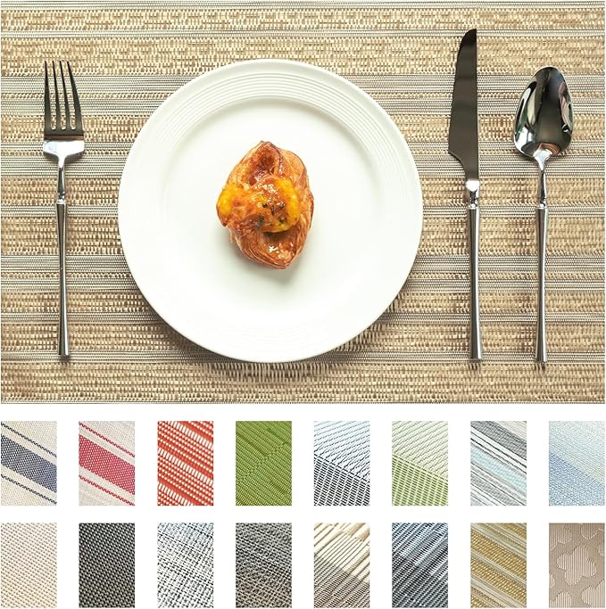 SUMYMERY Placemats Set of 12 Vinyl/Plastic Woven Place Mats for Kitchen Table Indoor/Outdoor Washable Placemat Wipeable Dining Table Mats (Aurora Gold,12)