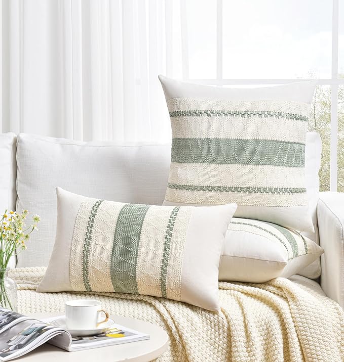 Fancy Homi Set of 2 Sage Green Boho Decorative Throw Pillow Covers 16x16 Inch for Living Room Bedroom Couch Bed Indoors, Rustic Retro Cushion Case 40x40 cm, Bohemian Room Home Decor