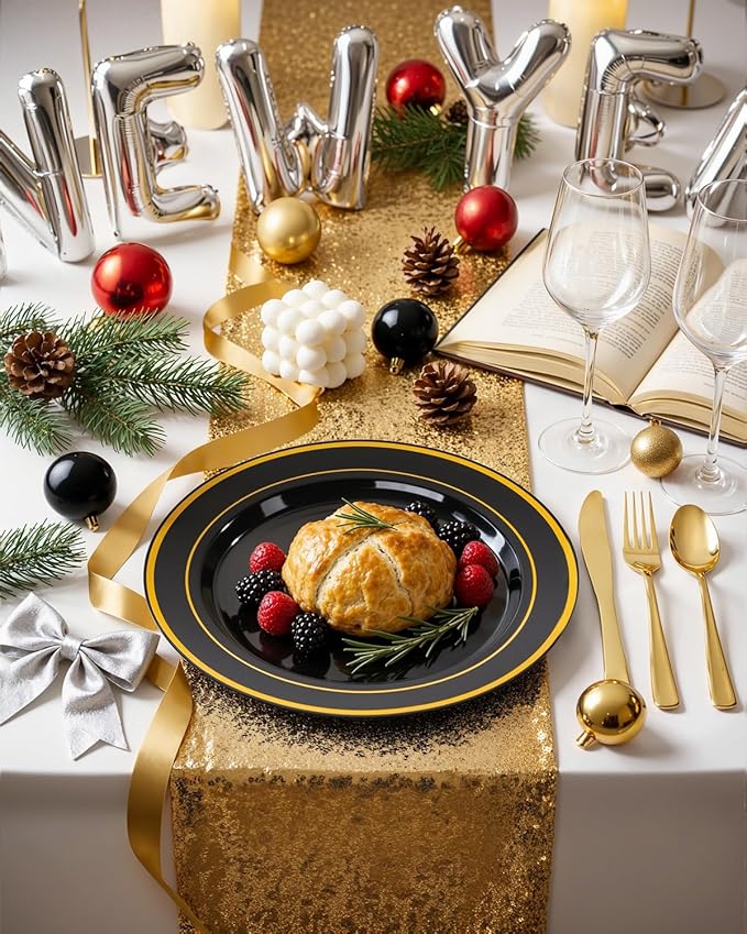 bUCLA 100 Pieces Black and Gold Plastic Dinner Plates - 10.25 inch Black Disposable Plates with Gold Rim - Ideal for Party, Graduation & New Year