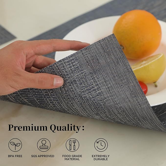 Leetaltree Denim Blue Placemats Set of 6 - Heat Resistant Non-Slip Place mats for Dining Table, Washable Durable PVC Vinyl Woven Table Mats（Denim Blue, 6）
