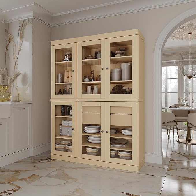 Palace Imports 100% Solid Wood 48.5" Pantry China Cabinet with Clear Glass Doors, 2-Drawers and Adjustable Shelves (Yellow)