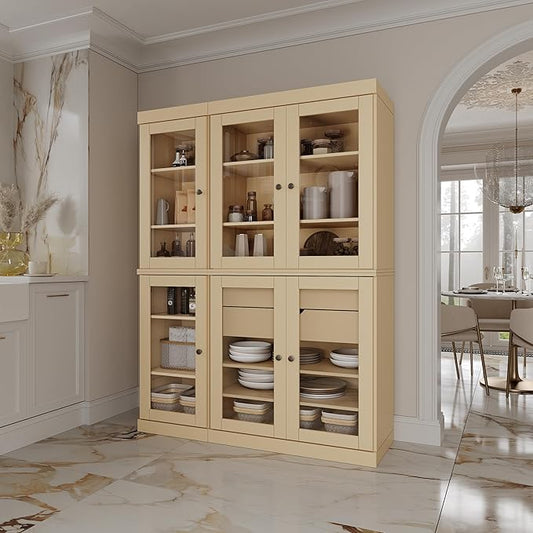 Palace Imports 100% Solid Wood 48.5" Pantry China Cabinet with Clear Glass Doors, 2-Drawers and Adjustable Shelves (Yellow)