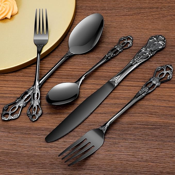 20 Piece Silverware Set Service for 4,Premium Stainless Steel Flatware Set,Mirror Polished Cutlery Utensil Set,Durable Home Kitchen Eating Tableware Set (Black)