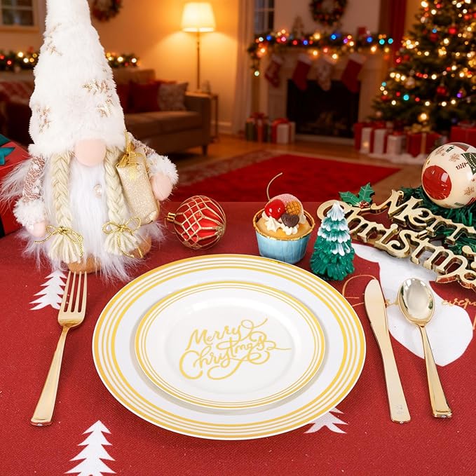 EI 60pcs Beige Disposable Plastic Dinner Plates with Gold Edge.Gold "Marry Christmas" Disposable Plate Heavy Industry Are Very Suitable for Christmas,New Year Parties,Family Dinners and Hotel Events.