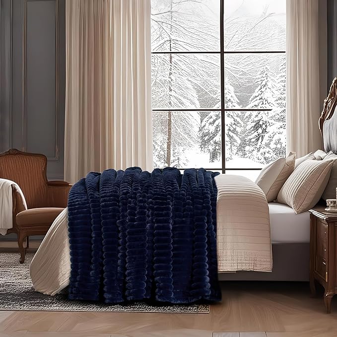 Am챕lie Home Faux Fur Throw Blanket for Couch, Cozy Fuzzy Fluffy Fur Luxurious Soft Striped Plush Gift Blankets for Family Sofa Chair Bedroom, 55"x70", Navy Blue
