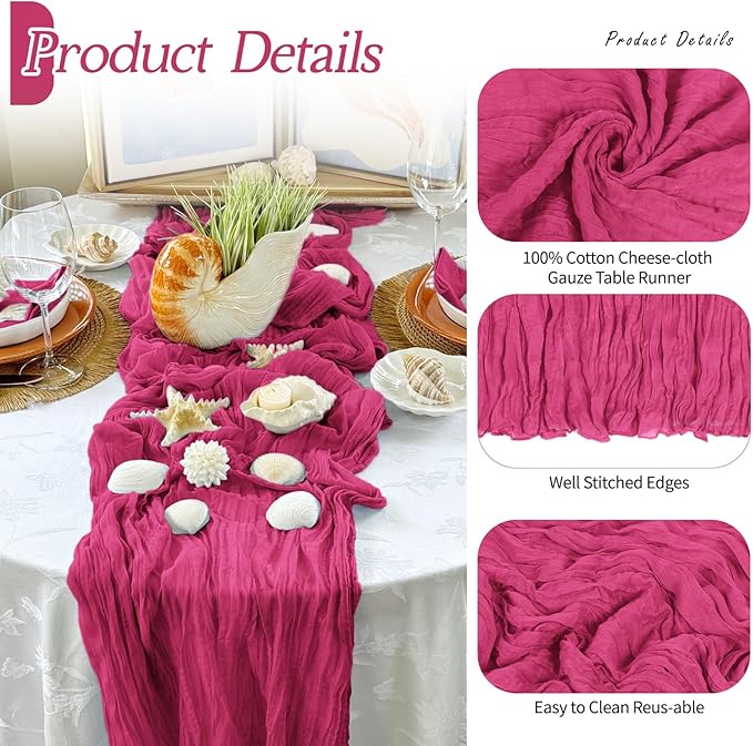 RealBox 6 Pack Hot Pink Cheesecloth Table Runner 17x108 Inch Semi Sheer Boho Gauze Cheese Cloth Fabric Table Runners Table Decor for Wedding Party Baby Shower Birthday Home Decor Garden Farmhouse