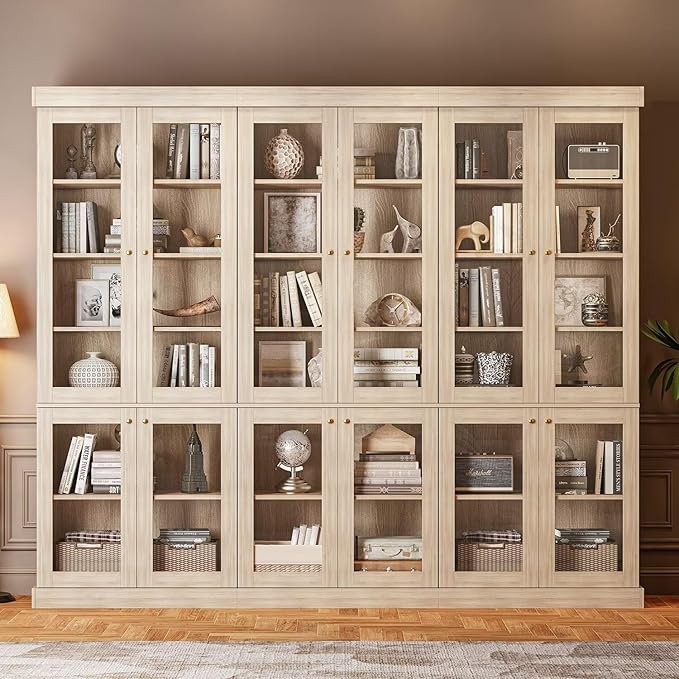 Vyre 70.8" Tall Brown Bookshelf with Glass Doors, Farmhouse Modular Bookcase with 6-Tier Adjustable Shelves, Large Storage Cabinet for Home Office, Living Room, Set of 2