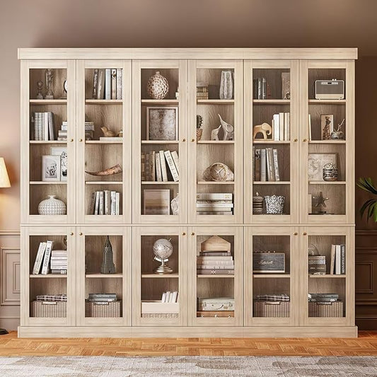 Vyre 70.8" Bookshelf with Glass Doors, Farmhouse Modular Bookcase with 6-Tier Adjustable Shelves, Large Storage Cabinet for Living Room & Home Office, Set of 3, Brown