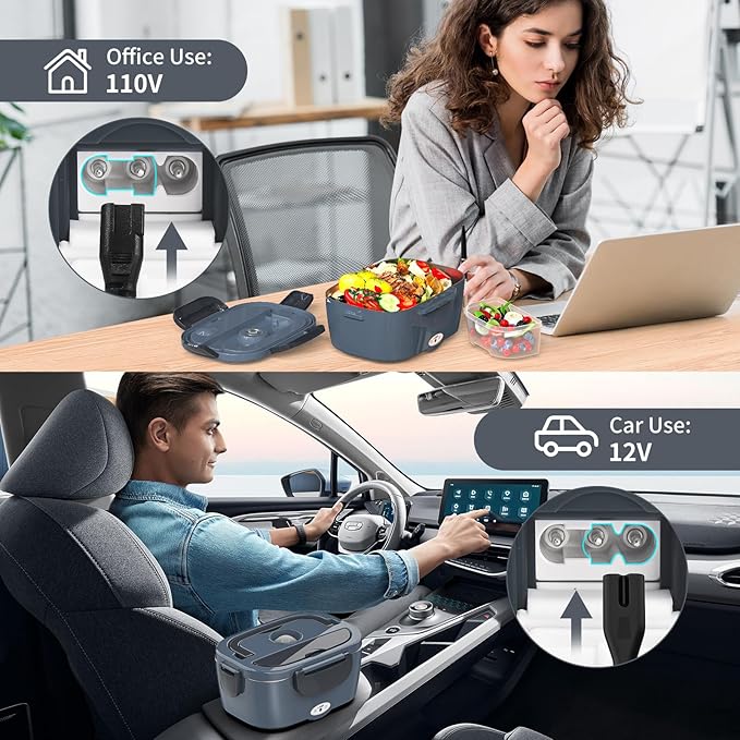 Vingud Electric Lunch Box for Adults, Heated Lunch Box with 2 Stainless Steel Container, 1.5L Portable 80W Food Warmer Lunch Box for Car/Truck/Work/Home Men, 110V/12V/24V/240V