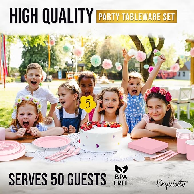 Exquisite 350 Pcs Pink Paper Plates For Party, Pink Disposable Plates Set, 50 Of Each 9" Dinner Plate Set, 7" Dessert Plate, Cups, Napkins & Cutlery Paper Dinnerware