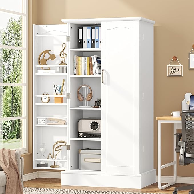47??Pantry Cabinet, Kitchen Pantry Storage Cabinet with Doors and Adjustable Shelves,Freestanding Buffet Cupboards Sideboard for Living Room and Dinning Room (White)