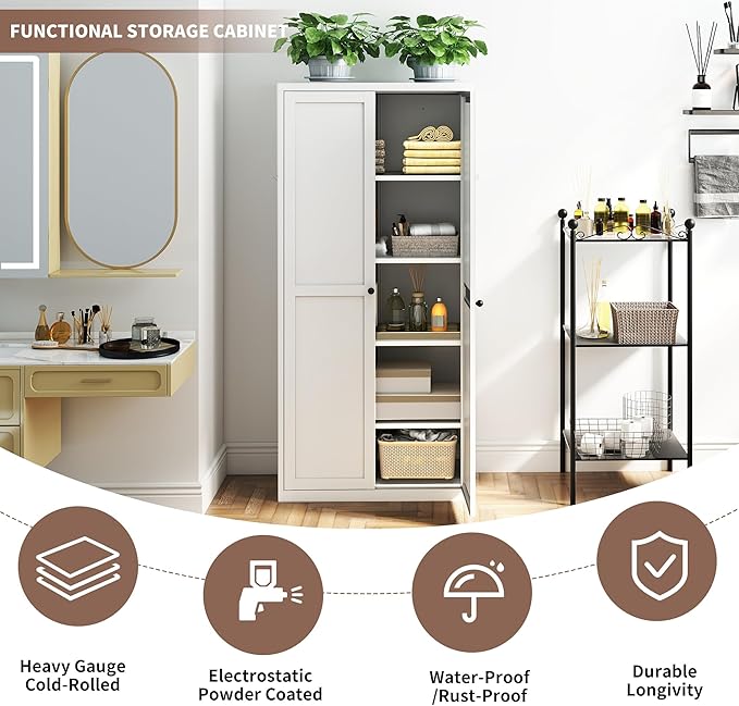 Kitchen Pantry Storage Cabinets with 4 Adjustable Shelves, 61" Tall Kitchen Cupboard Metal Food Pantry Cabinet for Kitchen, Dining Room, Living Room and Bathroom, Assembly Required(White)