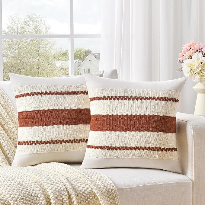 Fancy Homi Set of 2 Rust Boho Decorative Throw Pillow Covers 16x16 Inch for Couch Bed Sofa, Aesthetic Modern Organic Fall Room Decor, Soft Cotton Cute Terracotta Textured Farmhouse Cushion Case