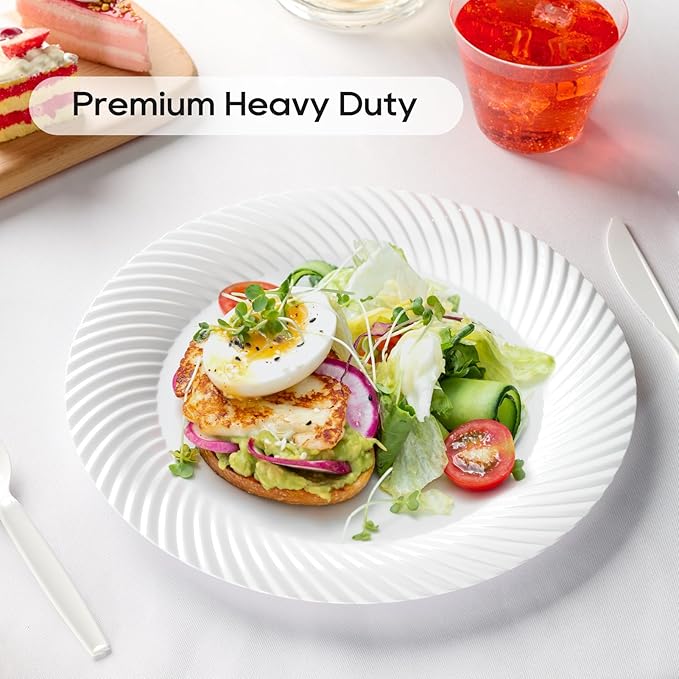 FOCUSLINE 10 Inch White Plastic Plates,100 Count Disposable Heavy Duty Dinner Plates, Premium Hard Plastic for Weddings, Parties and Events