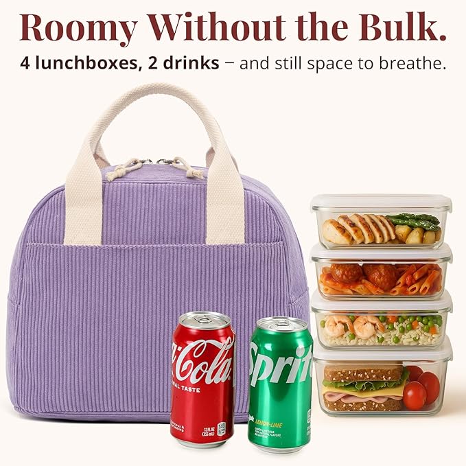 LOVELYWIND Insulated Purple Haze Lunch Bag for Women, Stylish Corduroy Tote with Aluminum Lining, Large Capacity Reusable Cooler for Work, Travel, or Beach, Beige Cream Water-Resistant Lunch Box