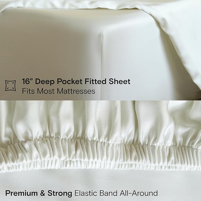 DOZ Sheet Set, 100% Viscose derived from Bamboo, Organically Grown, Buttery Soft, Cooling Sheets, High GSM, Deep Pockets - 4 Piece - 2 Pillowcases 1 Fitted 1 Top Sheet (Ivory, Queen)