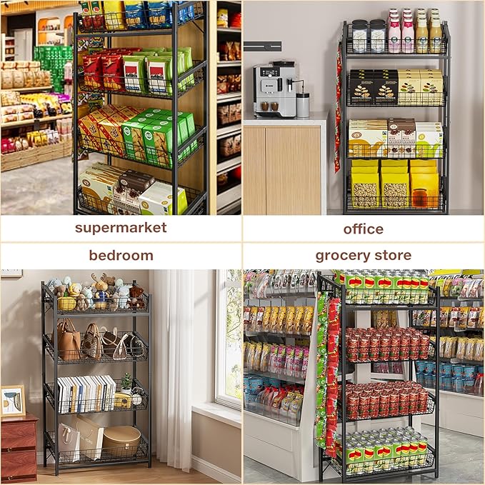 VOPEAK 4 Tier Retail Snack Display Stand, Metal Retail Display Rack with 2 Hooks, Potato Storage Rack, Concession Stand Candy Organizer, Easy Assembly Fruit Basket, Snack Organizer for Pantry, Office