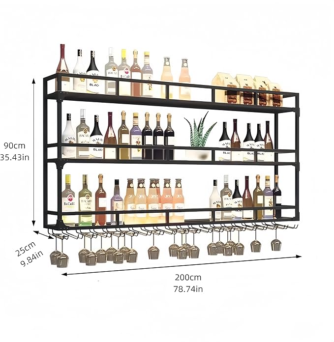 79 Inch 3-Tier Wall Mounted Wine Rack with LED Light, Stylish Wall Bar Shelves for Liquor Bottles & Hanging Glasses, Bar Shelves Wall Mounted for Kitchen, Dining Room & Home Bar, Black