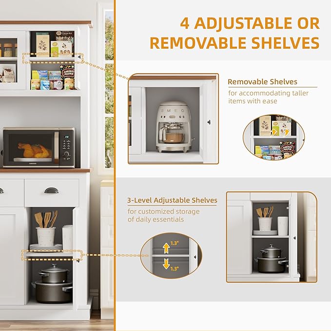 71" Kitchen Hutch with Charging Station, Tall Pantry Storage Cabinet with Microwave Stand, Adjustable Shelves, Slide Drawers, Large Buffet Pantry Cabinet for Kitchen, Dining Room, White