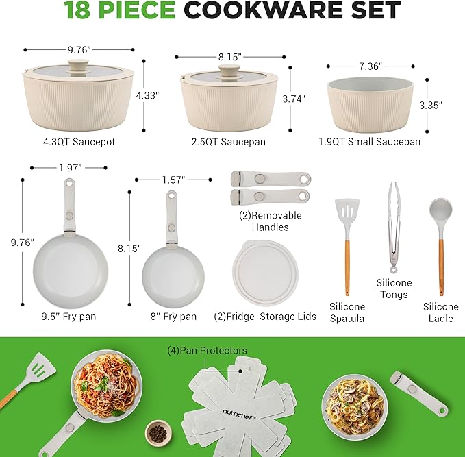 NutriChef 18-Piece Ceramic Cookware Set with Detachable Handles, Non Stick Pots and Pans, PTFE-Free Natural Ceramic Coating, Space-Saving Design, Oven & Stove Safe, Includes Utensils, Cream