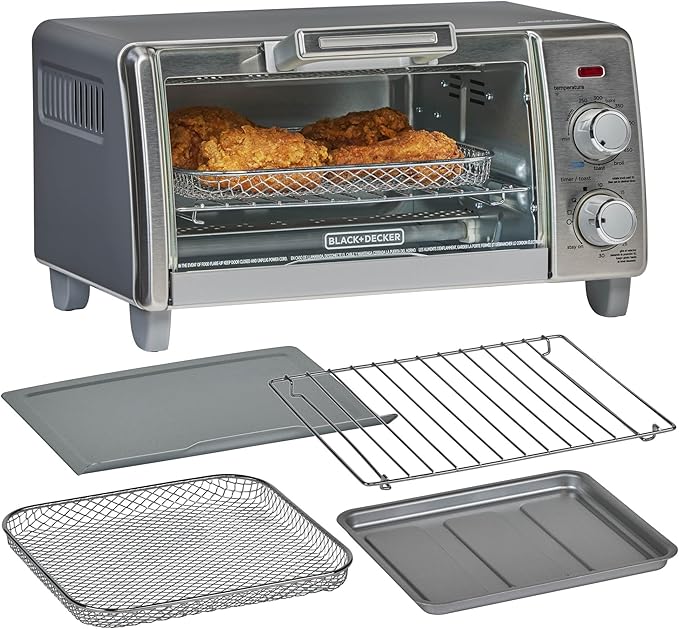 BLACK+DECKER Crisp 'N Bake Air Fry Countertop Convection Toaster Oven, Medium Capacity, 4-Slice, 5-in-1, Fits 9??Pizza, 30-Min Timer, Bake, Broil, Air Fry, Toast, Keep Warm, Stainless Steel