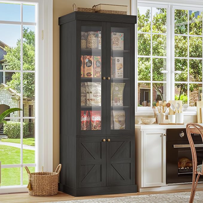 71" Tall Farmhouse Bookshelves with Glass Doors, Rustic Large Bookcase with Adjustable Shelves, Wooden Storage Cabinet for Living Room, Kitchen, Home Office, Dining Room, Black Glass Door(4 Pcs)