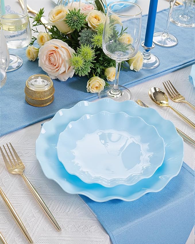 LIYH 20 Pcs Light Blue Plastic Plates Reusable 7.5 Inch - Unbreakable Scalloped Dessert Plates for Weddings Camping Party Outdoor Picnics Dishwasher Safe BPA Free (20Guests)