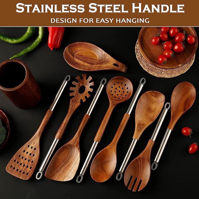 Wooden Spoons for Cooking with Utensils Holder, 10-Pieces Wooden Utensil Set Non-Stick, Natural Teak Cookware Wooden Cooking Spurtle Set, with Stainless Steel Handle