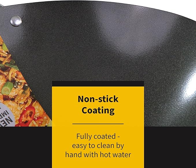 Ken Hom 12" Carbon Steel Nonstick Stir Fry Wok - Soft Touch Helper Handle and Lightweight Flat Bottom Design