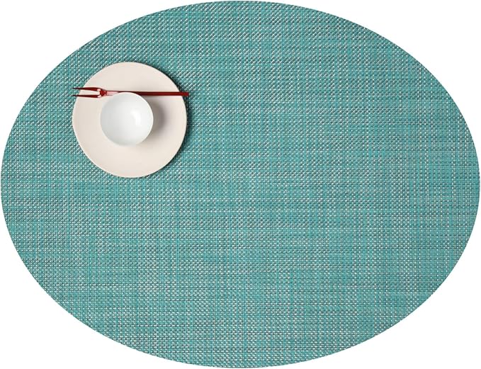 Chilewich Mini Basketweave Placemats in Turquoise - Set of 4 - Easy Care Woven Tabletop Textiles - Indoor/Outdoor - 19.25" x 14" Oval