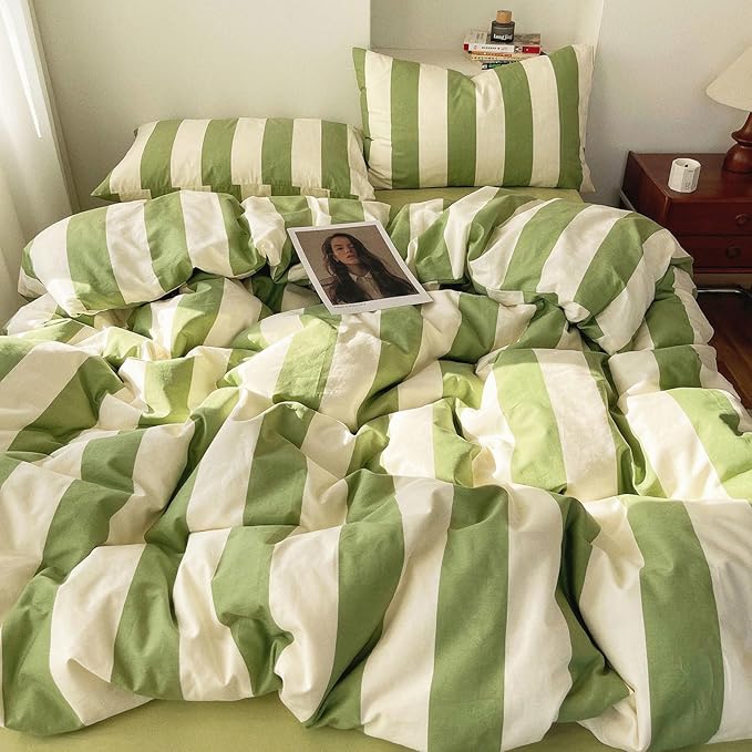 LifeTB Striped Comforter Set King Green White Stripes Pattern Printed Comforter Soft Fluffy Lightweight Bedding Set for All Seasons Reversible 3 Pieces Farmhouse Stripe Comforter with 2 Pillowcases
