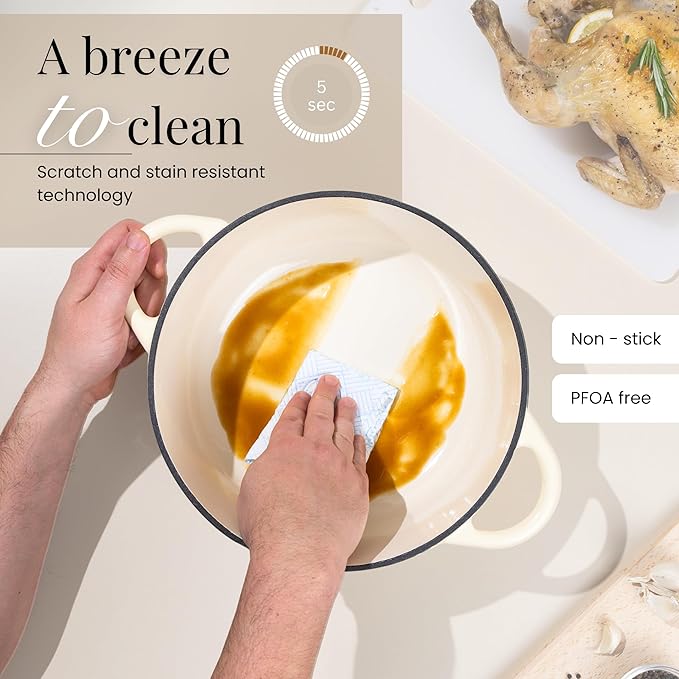 Nuovva Enamelled Cast Iron Dutch Oven Pot with Lid ??6.4 Quart Non Stick Casserole Pot ??Heavy Duty & Oven Safe up to 500째 F for Bread Baking, Braising, Stews, Roasting ??28cm Cream