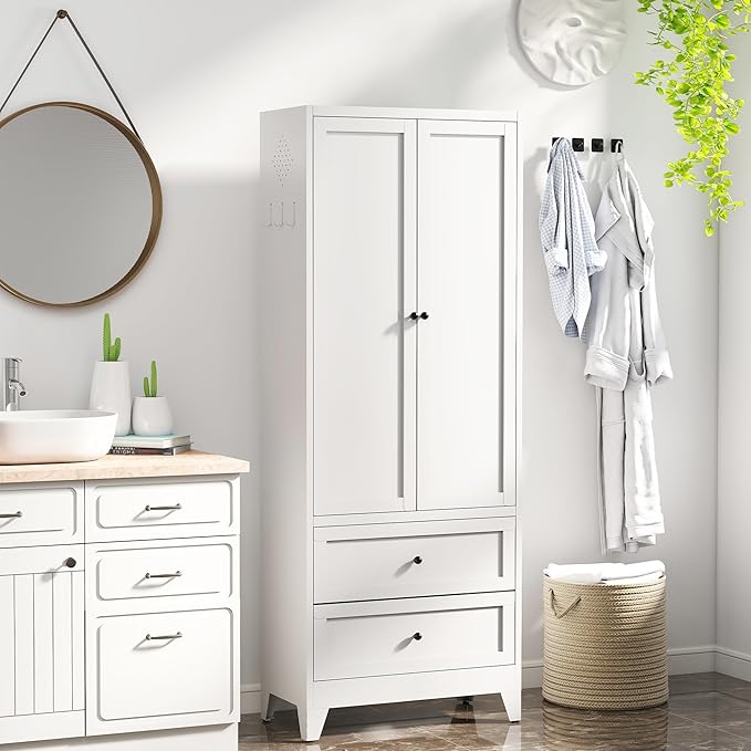 White Steel Pantry Cabinet with 2 Drawers & 2 Adjustable Shelves, Tall Metal Storage Cabinets for Kitchen, Living Room, Bathroom, Heavy Duty Freestanding Utility Cabinet, Assembly Require