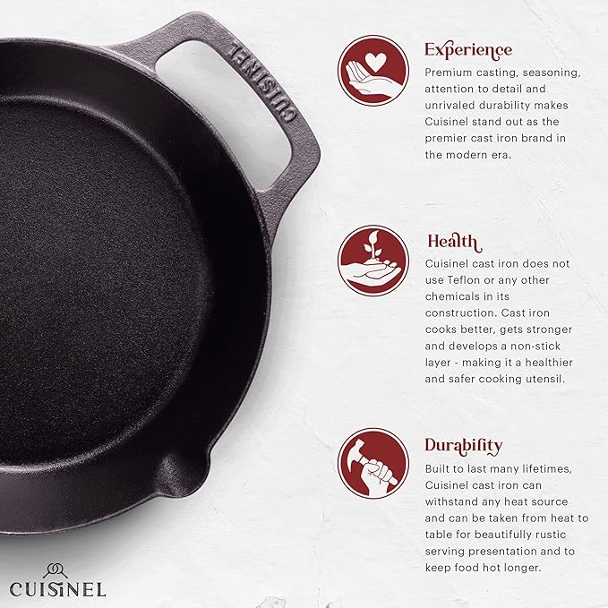 Cast Iron Skillet Set - 8" + 10" + 12"-Inch Dual Handle Frying Pans + Silicone Handle Holder Covers + Pan Scraper - Pre-Seasoned Oven, Grill, Stovetop, Induction Safe Cookware - Indoor/Outdoor Use
