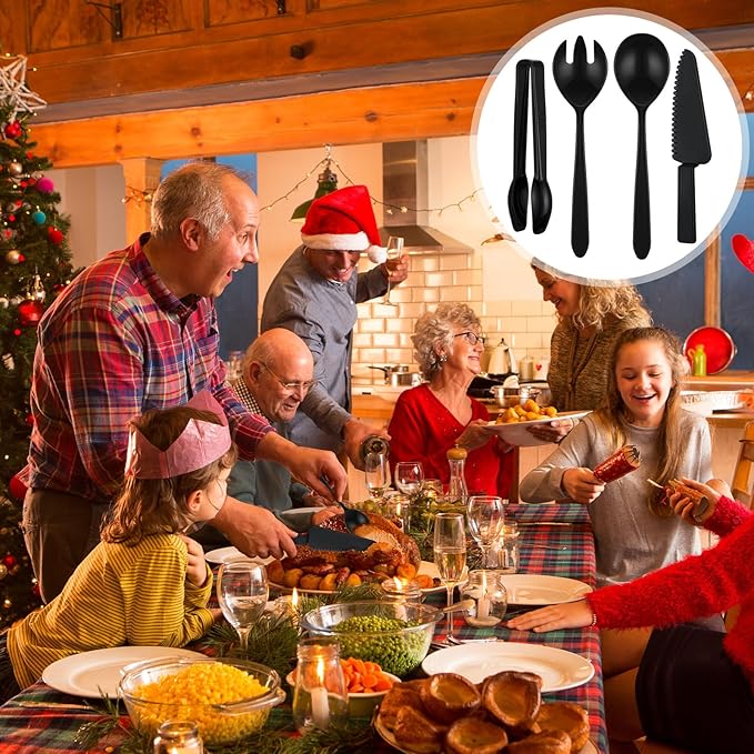 40 Set Disposable Plastic Serving Utensils Include10 Pcs 6.3 Serving Tongs 10 Spoons 10 Forks 10 Knives for Christmas Buffets Food Weddings Family Gathering Birthday Party(Black)