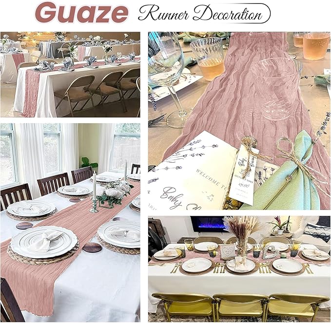 4 Pack Dusty Pink Cheesecloth Table Runner 20 x 120 inch Gauze Table Runners 10 FT Long,Semi Sheer Cheese Cloth Fabric Table Runner Bulk for Wedding,Party,Baby Shower,Bridal Shower Decoration