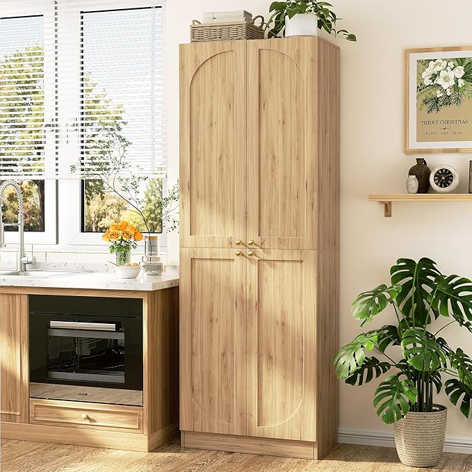 Cyclysio 80" Kitchen Pantry, Extra Tall Arch Storage Cabinet with 4 Doors and Adjustable Shelves, Freestanding Wood Cupboard with Seamless Fit Wall for Dining Living Room Bathroom Furniture (Natural)