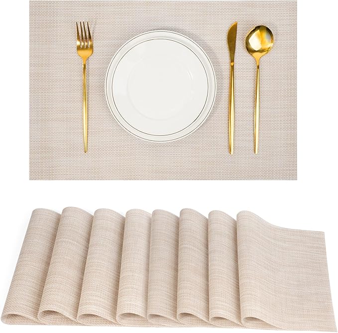flohar Placemats Set of 8竊똍on-Slip PVC Weave Table Mats Easy to Clean竊똇eat Resistant Place Mats for Kitchen Dining Table Decoration Indoor Outdoor竊똁eige White
