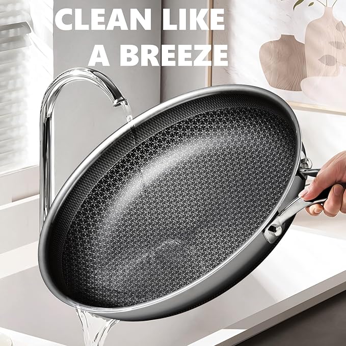 Non Stick Frying Pans 12 inch, Hybrid Frying Skillets Nonstick,non stick Stainless Steel Pans, Dishwasher and Oven-Safe Chef Pan, Induction Compatible Cooking Pan, PFOA Free Cookware