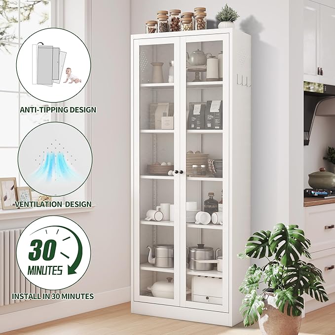 72" Tall Kitchen Pantry Cabinet,White Metal Pantry Cabinet with 2 Doors & 5 Adjustable Shelves,Utility Storage Cabinet Rust-Resistant for Living Room,Dining Room,Bathroom,Garage,Basement