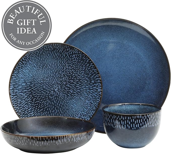 Gibson Elite Matisse 16-Piece Dinnerware Set ??Double Bowl Reactive Glaze Cereamic Stoneware in Blue ??Plates and Bowls Sets for 4, Microwave & Dishwasher Safe, Rustic Modern Design
