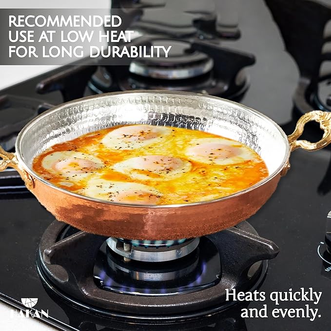 Hakan Copper Egg Pan for Cooking | Handmade Large Frying Pan | Hammered Skillet with Double Handles for Omelette | Authentic Kitchen Cookware & Copper Gifts Idea, 9.4??(24 cm)