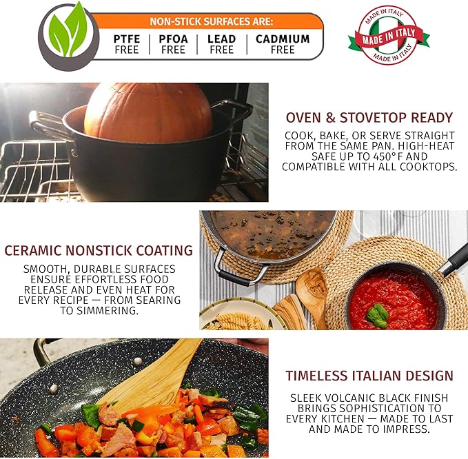 DaTerra Cucina Nonstick Dinner Party Bundle ??2.6 Qt Saucepan with Lid, 9.5" & 13" Frying Pans and 13" Wok and 8 Qt Dutch Oven with Lids, Durable Ceramic Coating, Made in Italy ??Volcanic Black