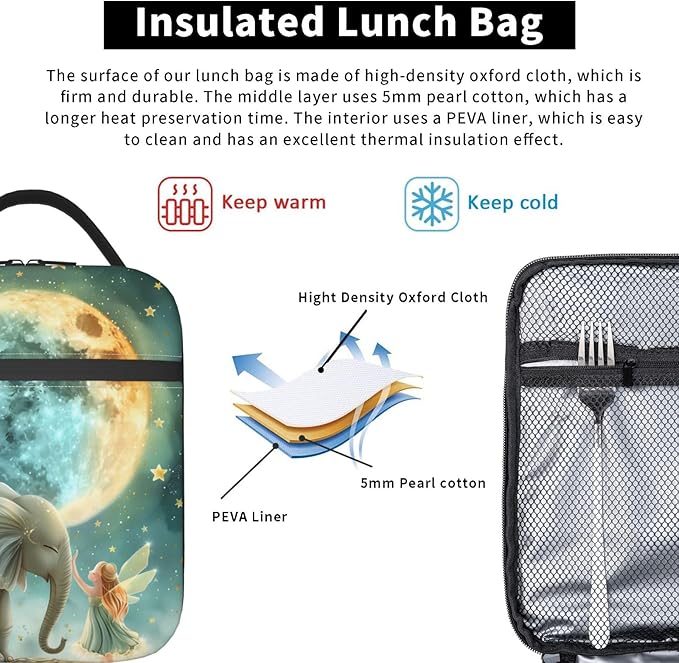 VANZEV Insulated Lunch Box for Women Men, Elephant Theme Lunch Box Reusable Portable Lunch Bag Cooler Tote Waterproof Lunch Container for Office Picnic Work Travel