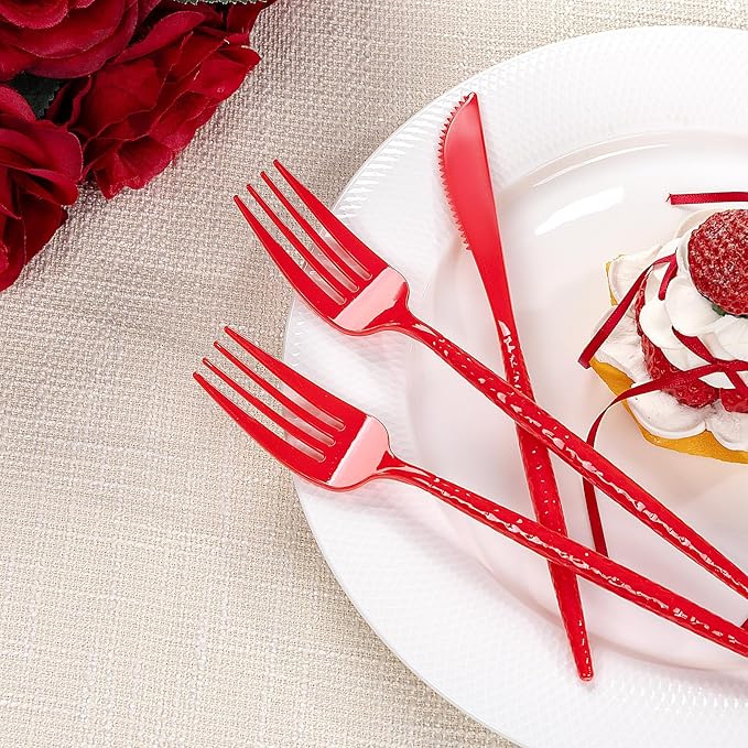 LIYH 150 Pcs Red Plastic Cutlery Sets - Red Plastic Silverware Heavyduty,Disposable Utensil Sets, 50 of Each Forks, Knives & Spoons Flatware Set for Party Birthday Valentine's Day Mother's Day